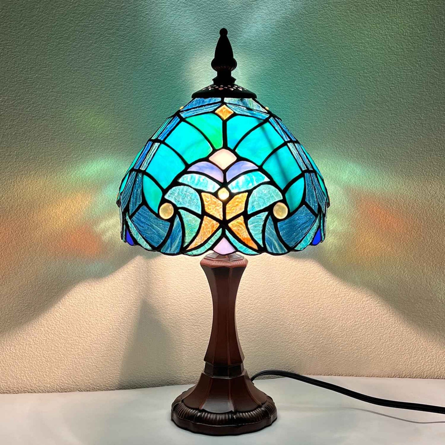 COTOSS Tiffany Table Lamp Sea Green Stained Glass Accent Table Light Antique Style Desk Lamp Vintage Bedside Lamp for Living Room Bedroom