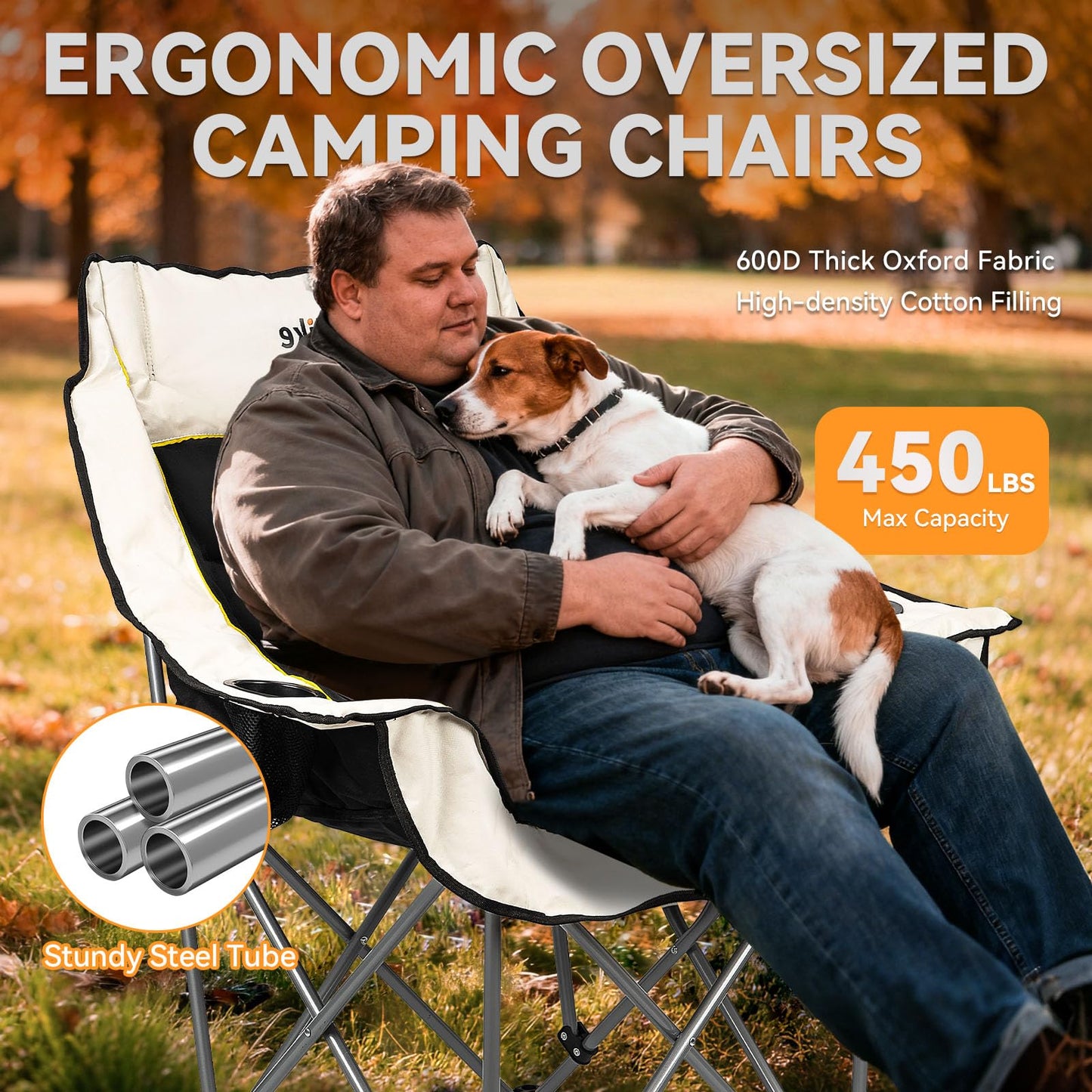 Heated Oversized Camping Chair for Adults Portable Folding Padded Chair with 3 Heat Levels Cup Holder Side Pocket and Carry Bag for Camping Outdoor Sports Picnic Lawn Supports up to 450lbs