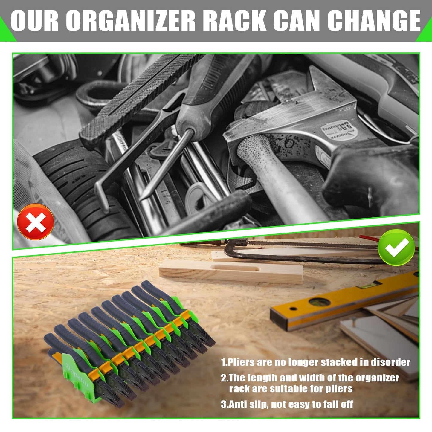 Ziopetru Plier Organizer Rack, 10-Slot Pliers Organizer for Tool Box Drawer, Tools Organizers Players with Non-Slip Rubber Base, Fits 0.8" Tools, 3" H Drawers（1 Pack