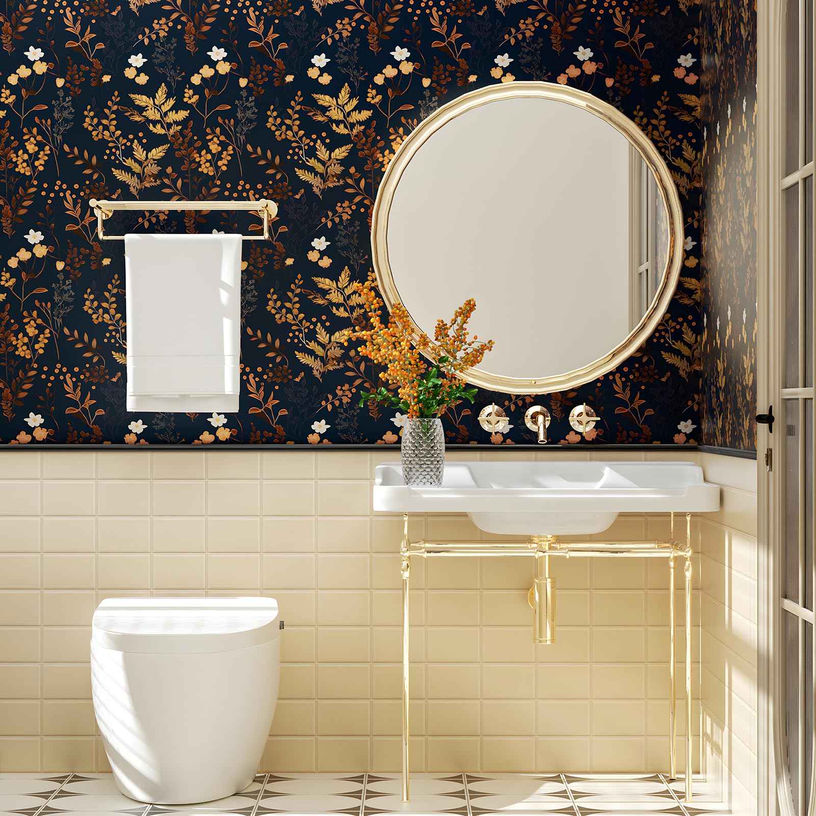 XRUIBZI Dark Blue Floral Wallpaper Peel and Stick Wallpaper Leaf Wallpapers Gold Leaf Contact Paper for Cabinets Waterproof Self Adhesive Wall Paper for Kitchen Countertop Wall 17.5" x 118"