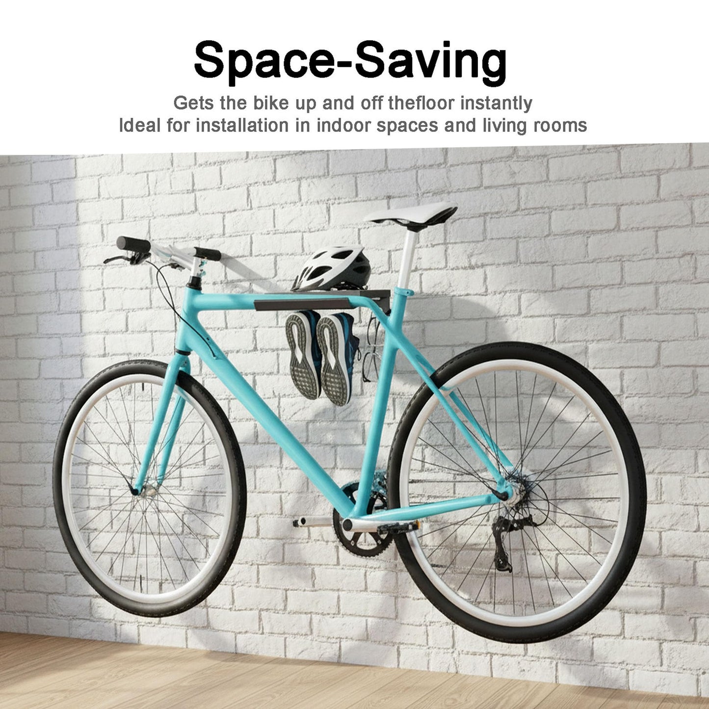 KOQEIEY Bike Wall Mount - Horizontal Indoor Bike Rack for Garage Storage - with Holds a Helmet and Shoes - Space Saving Wall Bike Hanger Mount for Road, Mountain and Hybrid Bikes in Garage