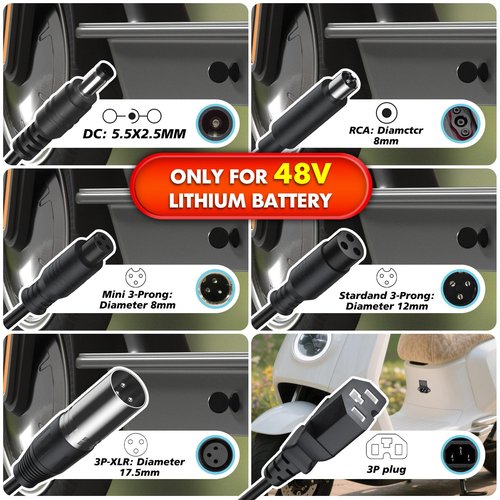 54.6V 2A Electric Charger for 48V Ebike Lithium Battery (13S Li-ion Battery), Electric Bike Charger with 7 Charging Port Plugs