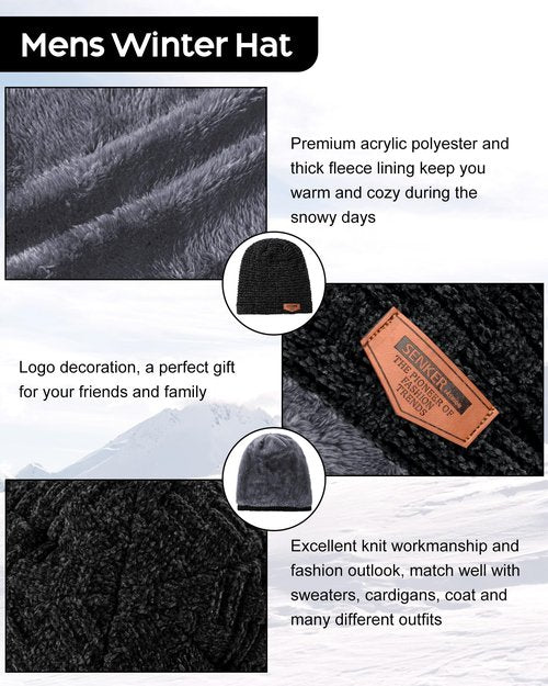 Senker Fashion Winter Hats Scarf and Gloves Set for Men Women, Slouchy Beanie Cap Neck Warmer Screen Touch Gloves Gifts Black