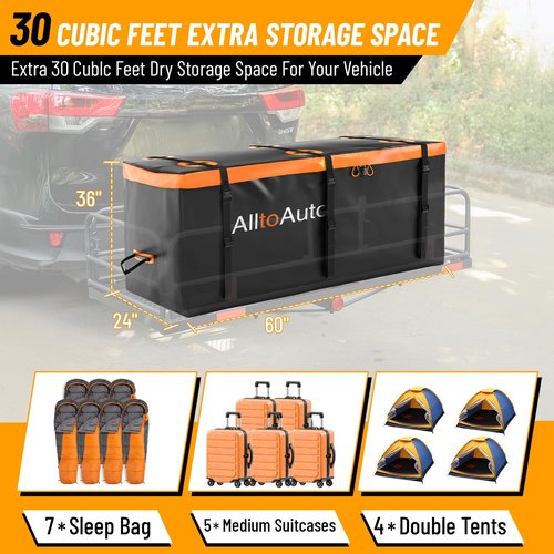 AlltoAuto 30 CuFt Waterproof Cargo Bag for Hitch Carrier | 60"x24"x36" Trailer Hitch Cargo Carrier | Weatherproof Truck Bed Storage with Straps, Lock & Carry Case | PVC Vehicle Soft-Shell Carriers