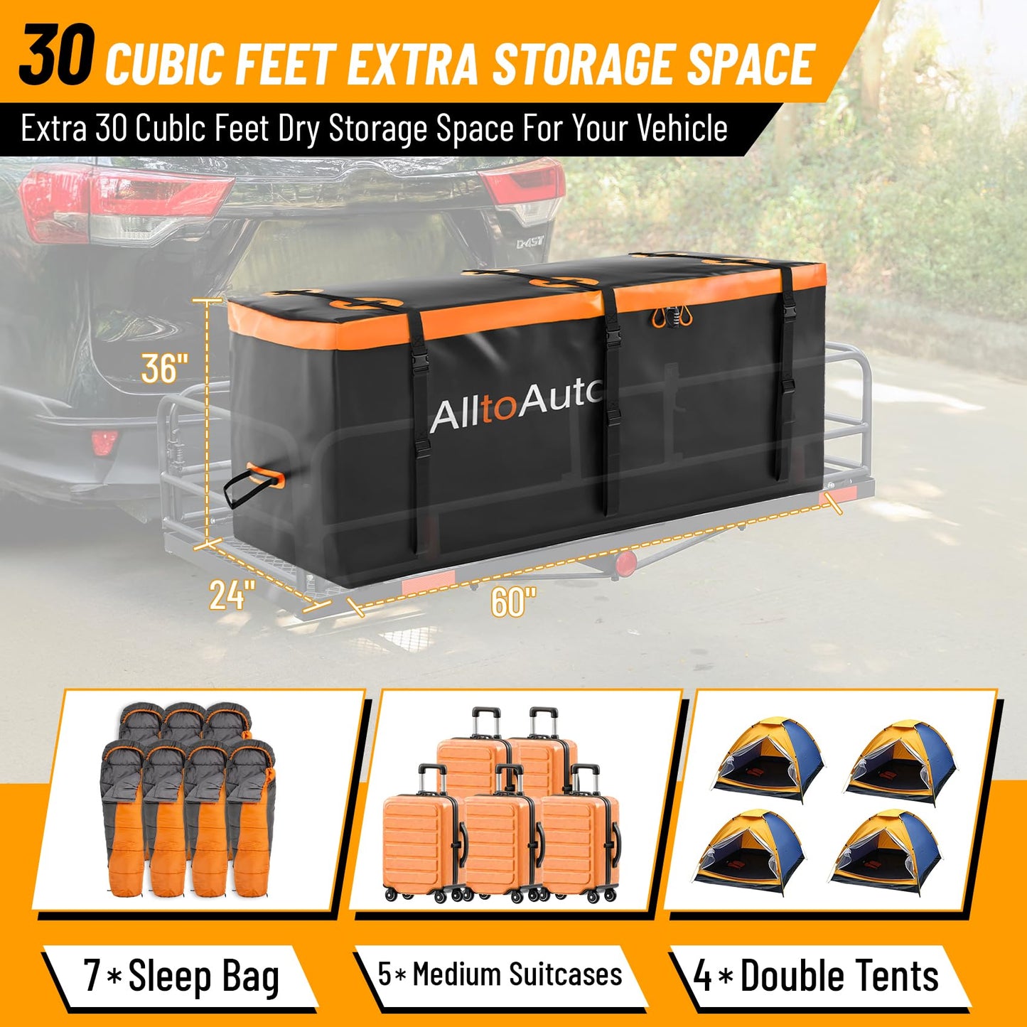 AlltoAuto 30 CuFt Waterproof Cargo Bag for Hitch Carrier | 60"x24"x36" Trailer Hitch Cargo Carrier | Weatherproof Truck Bed Storage with Straps, Lock & Carry Case | PVC Vehicle Soft-Shell Carriers