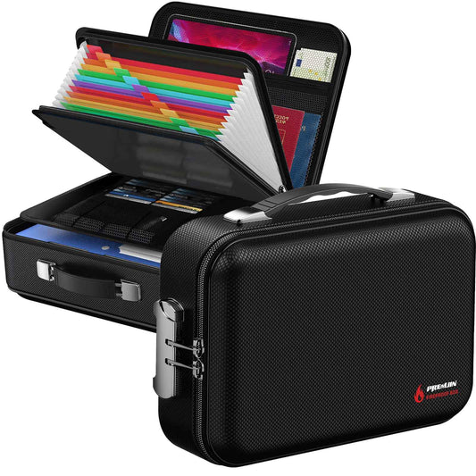 Fireproof Document Box with Lock, Large Hard Fireproof File Organizer Heat Insulated Fireproof Waterproof Box Portable Home Travel Safe Storage for Important Documents Files Laptop Passports Black
