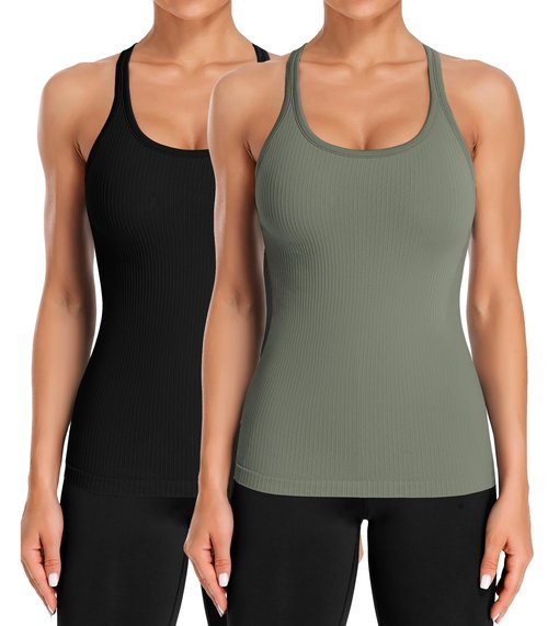ATTRACO Padded Workout Tops for Women Ribbed Tank Scoop Neck Summer Basic Go to Top Pack of 2 M Black/Army Green
