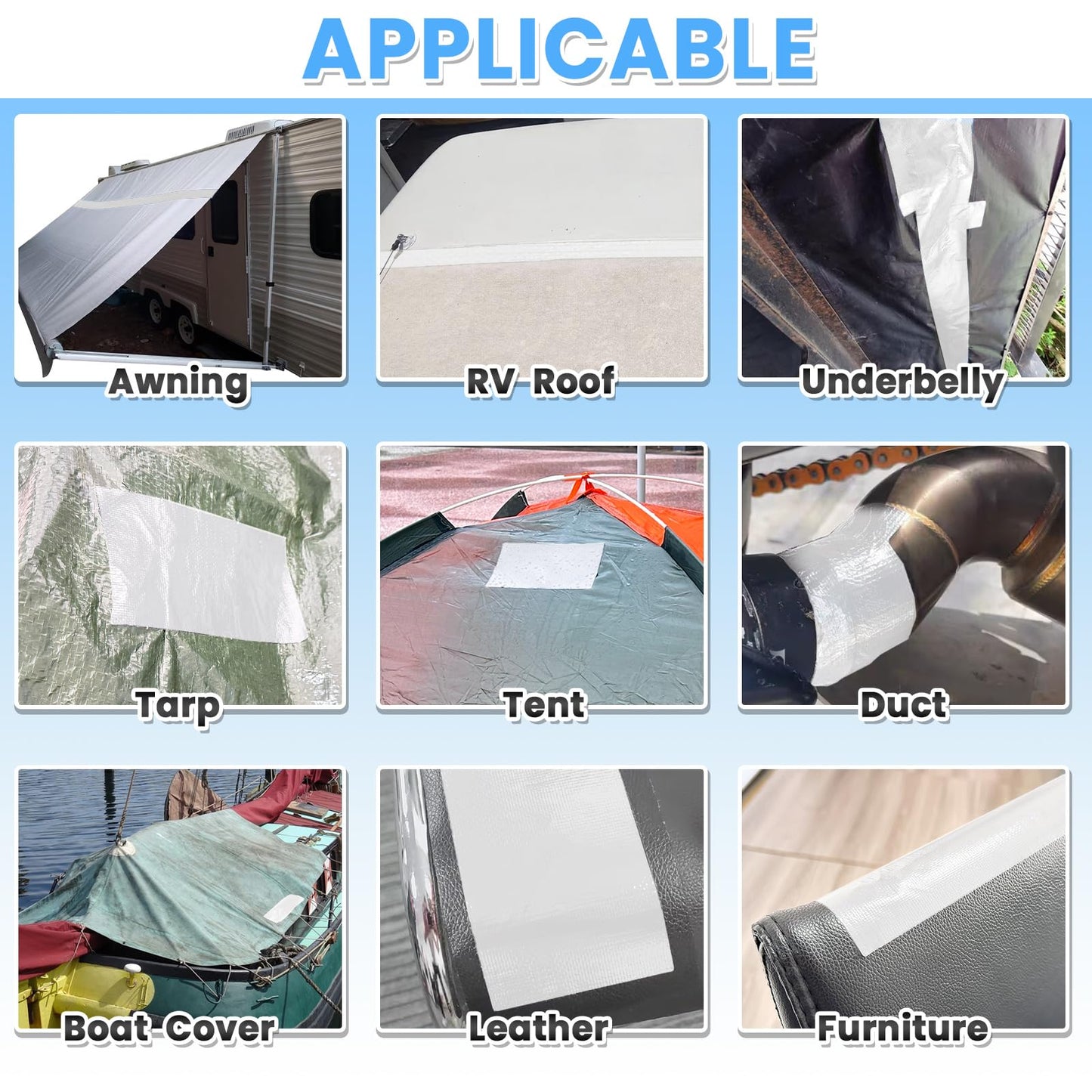 Tikfoam RV Awning Repair Tape for Tarp, Boat Covers,Tent, Sail Tape, Duct, Tear Repair Patch Kit, Waterproof, 5 Inch Wide 30FT Long, Reinforced White