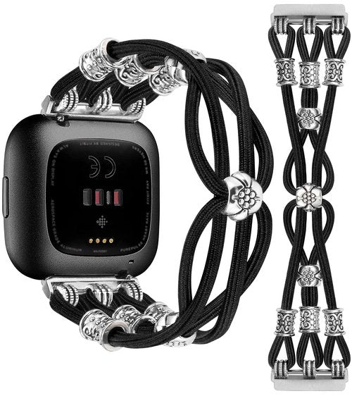 TOYOUTHS Beaded Bracelet Band Compatible with Fitbit Versa/Fitbit Versa Lite Bands Women, Boho Soft Elastic Stretchy Nylon Braided Strap Fancy Charms Designer Breathable Sport Wristband, S