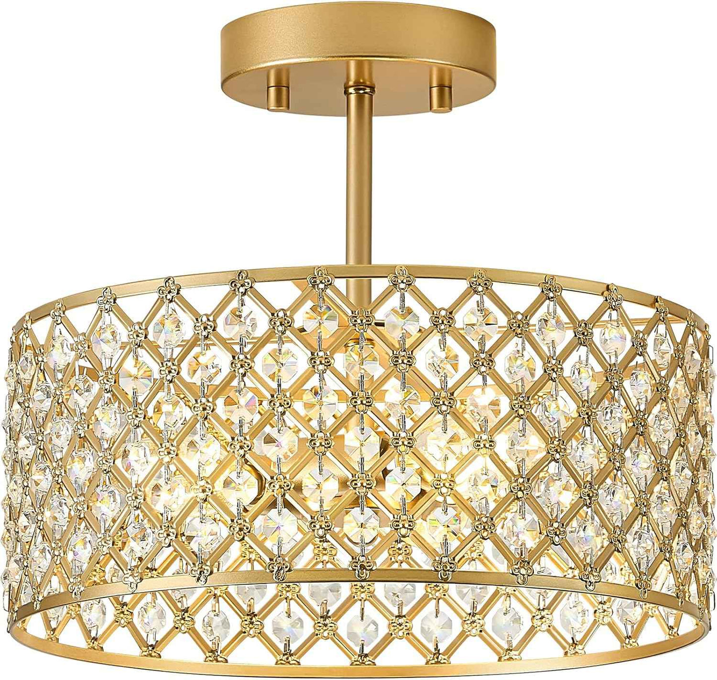 Modern Black Crystal Semi Flush Mount Ceiling Light Fixture - 11.2" Round Chandelier for Dining Room, Hallway, Kitchen & Bedroom