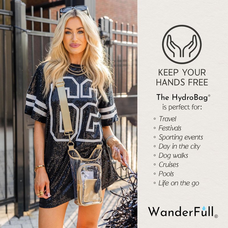 WanderFull® Clear Stadium HydroBag® w/Matching Pouch Fits Up to 32 oz Water Bottle Holder w/Strap, Hands-Free Crossbody Water Bottle Carrier Bag w/Phone Pocket, Tumbler Accessories - Gold Trim
