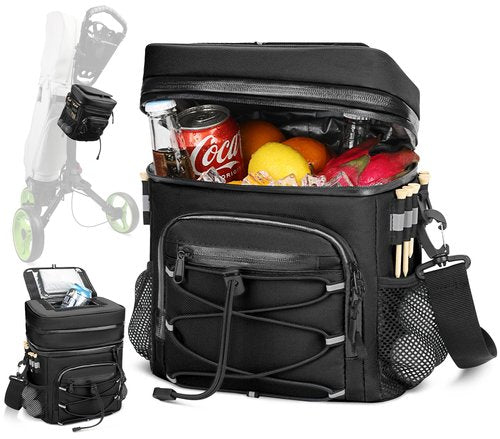 SKYJDM 14-Can Golf Cart Expandable Cooler Bag, Soft Insulated Cooler Bag with Hook-and-Loop Lid & Golf Tees Holder for Camping & Outdoor Activities, Fits on Golf Push Cart(Black)