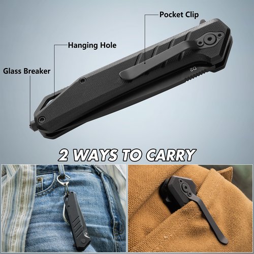 FLISSA Pocket Knife, 3.2" D2 Blade G10 Handle EDC Knife with Pocket Clip for Hunting, Camping, Survival, Outdoor Activities(Black)