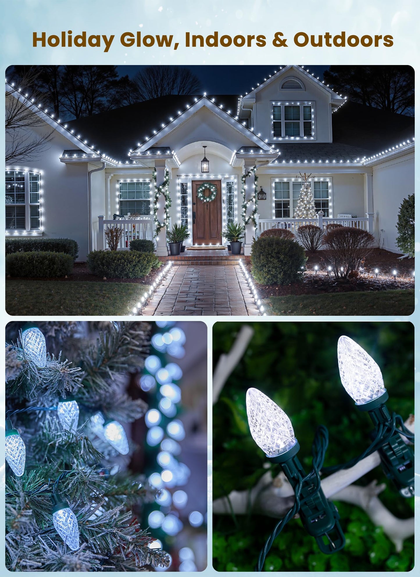 C9 LED Christmas Lights Outdoor, 68 Feet 100 LED Strawberry String Lights with 100 Spring Clamps, Commercial Grade Waterproof Extendable for Outside Roofline Patio Home Xmas Decoration, Pure White