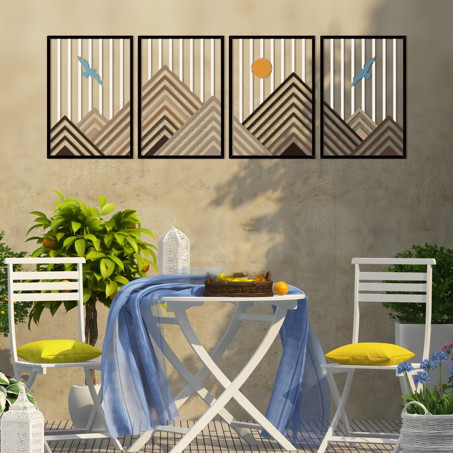 Resama 4 Pcs Geometric Mountain Wall Art, Bird & Sun Nature Metal Wall Decor, Modern Abstract Mountain Range Wall Sculpture for Living Room Bedroom, Minimalist Home Hanging Art