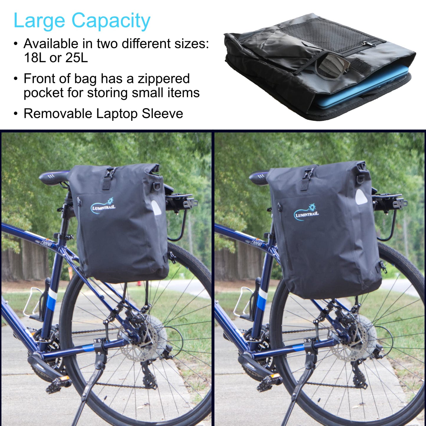Lumintrail Bike Pannier Bag and Backpack Waterproof Rear Bicycle Bag, Fits E-Bike (25 L), Safety Reflective Spots, Backpack Straps