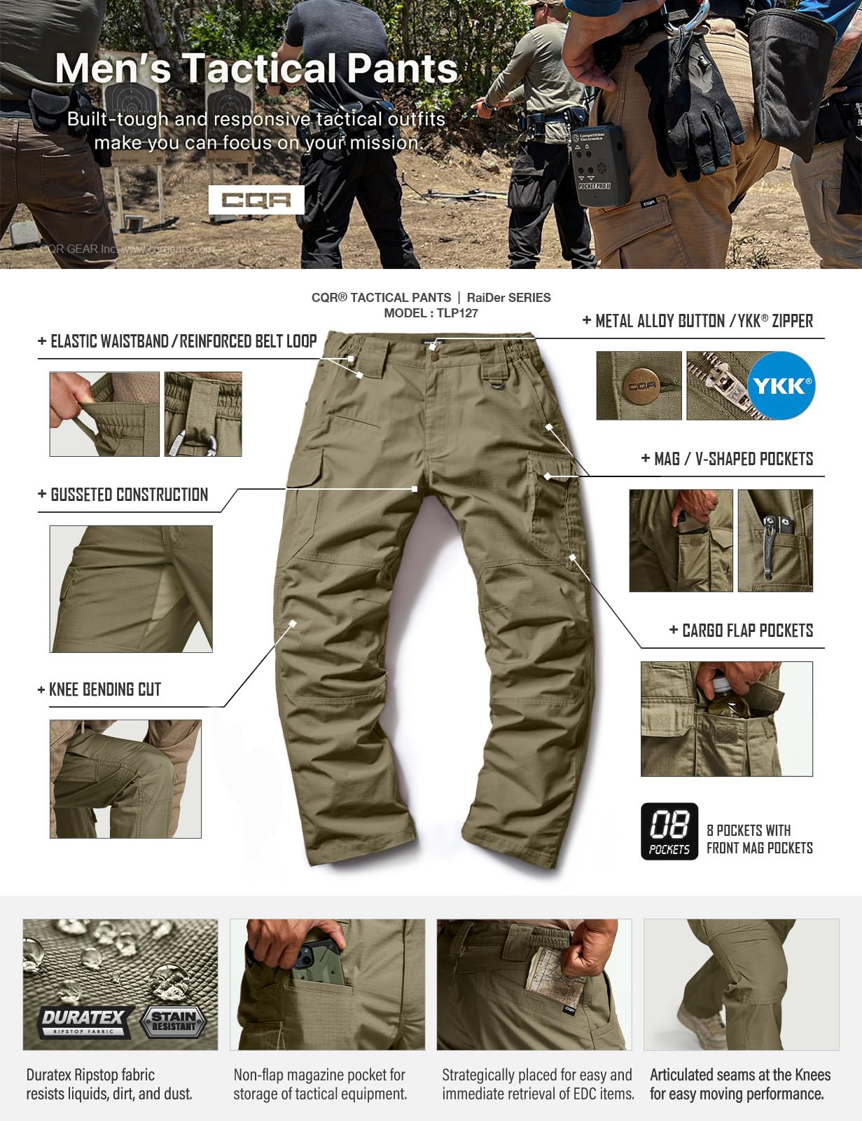 CQR Men's Tactical Pants, Water Resistant Ripstop Cargo Pants, Lightweight EDC Work Hiking Pants, Outdoor Apparel, Raider Mag Pocket Soil Green, 44W x 32L