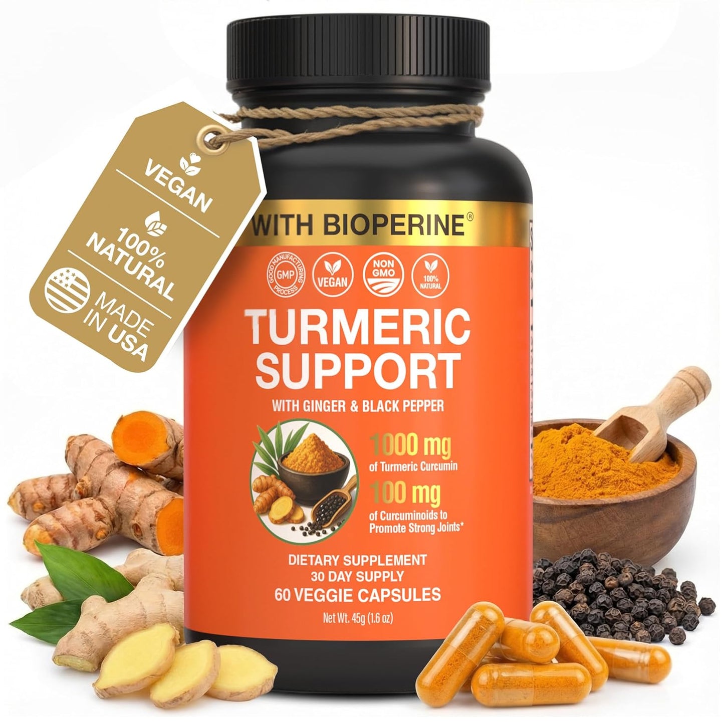 Sleeve Stars Ankle Brace - Adjustable Compression Sleeve with Removable Strap & Turmeric Curcumin Supplement Bundle for Joint Support