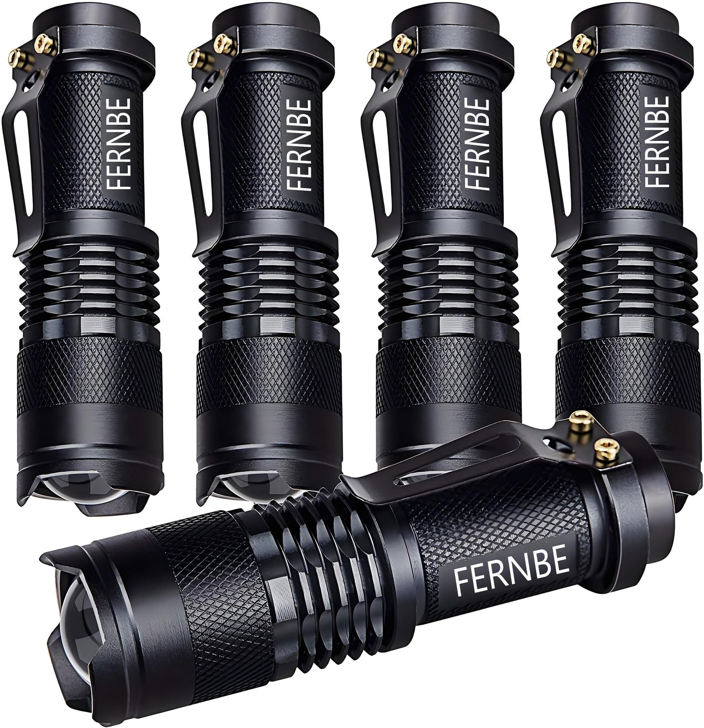 FERNBE 5 Pack SK-68 3 Modes Handheld Mini LED Flashlight Torch Lamp 7w 300lm Adjustable Focus Zoomable Waterproof Light, with Belt Clip Flashlight for Gift,Camping