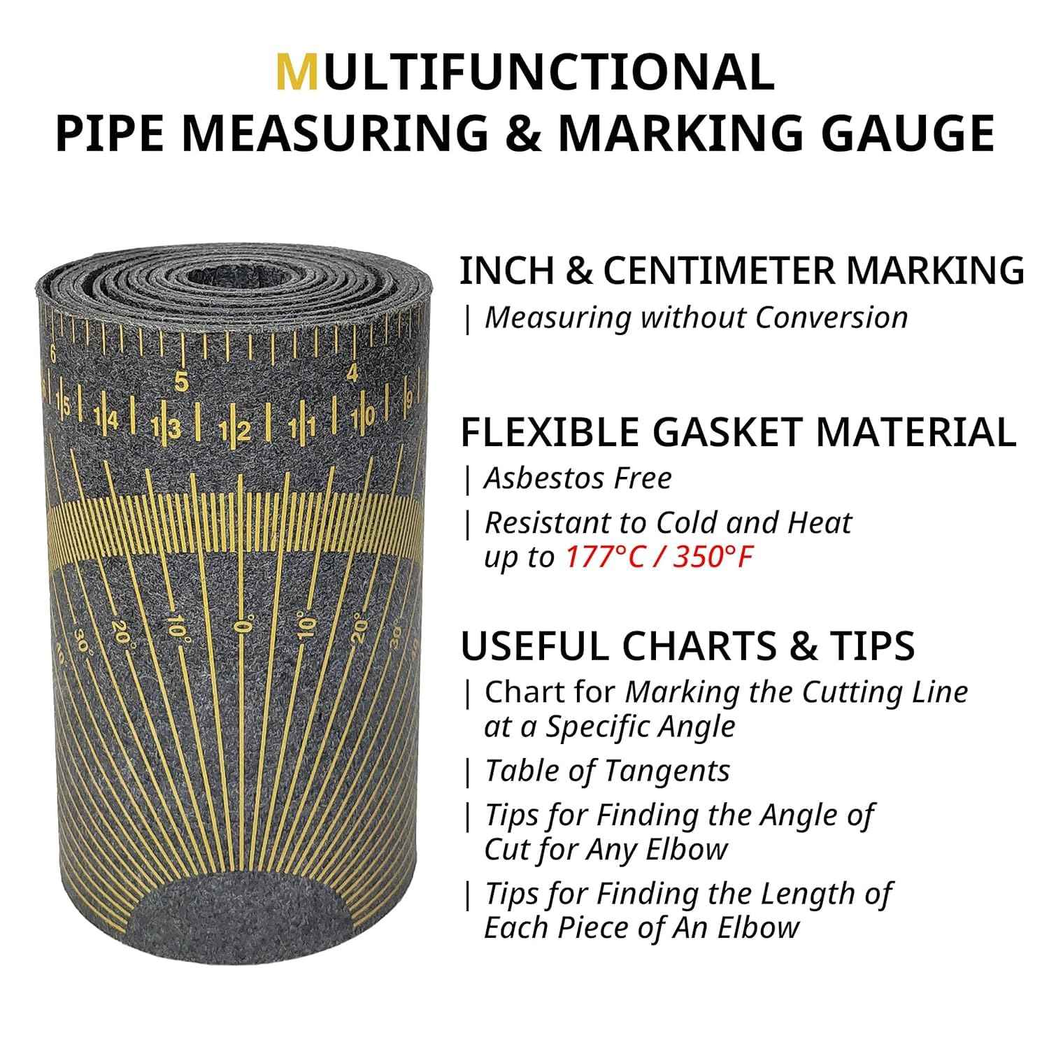 JHTii Flex Angle Diameter and Circumference Measuring and Marking Gauge for 6" to 16" Pipe Measure Tool, Wrap Around Tape 5" x 9' (Large) Yellow