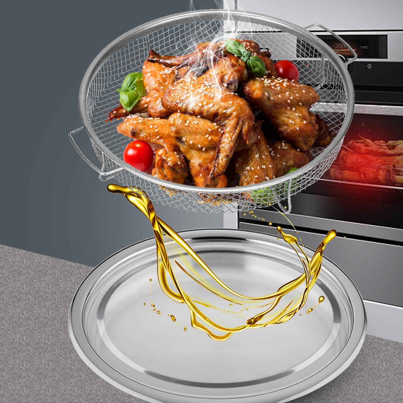 Air Fryer Basket for Oven,2 Pieces Set Round Silver 12.9'' Non-stick Stainless Steel Mesh Air Fryer Baking Tray Accessories Rack Roasting Grill Basket for Convection Oven Air Fryer, Dishwasher Safe