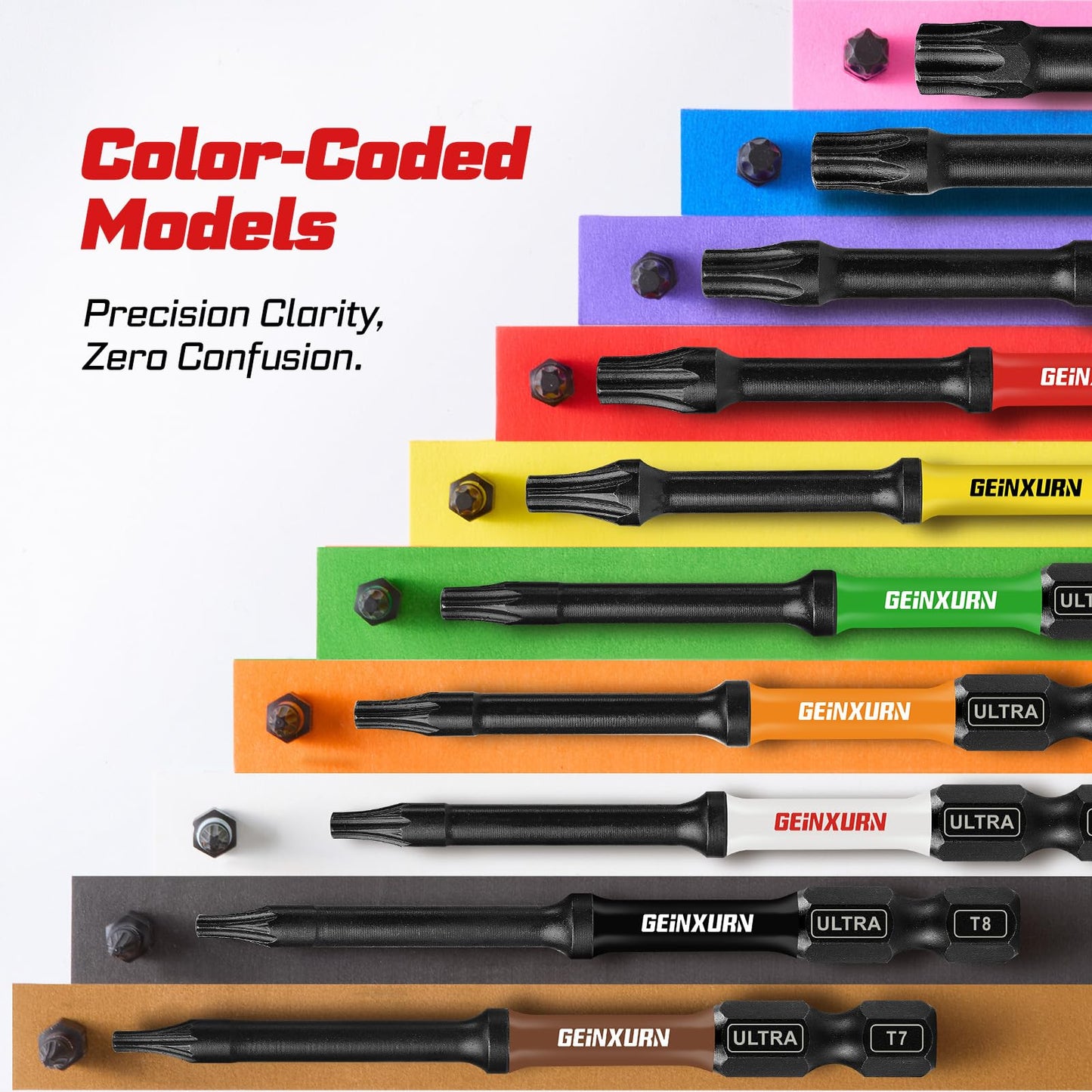 Geinxurn 3”Impact Torx Screwdriver Bits Set,13Pcs Magnetic S2 Steel Long Extension Star Driver Bits Set (T7-T40) with Color Coded Base