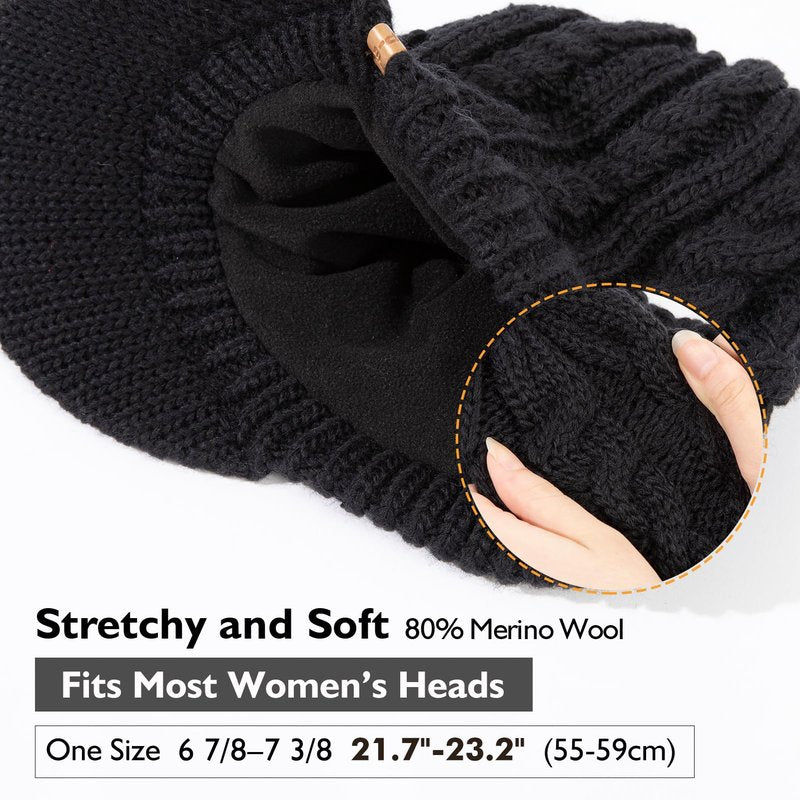 Womens Winter 3 Openings Ponytail Visor Brim Bill Beanie Hat Fleece Lined Merino Wool Warm Cable Knit Cap Bun Hole Cold Weather Black