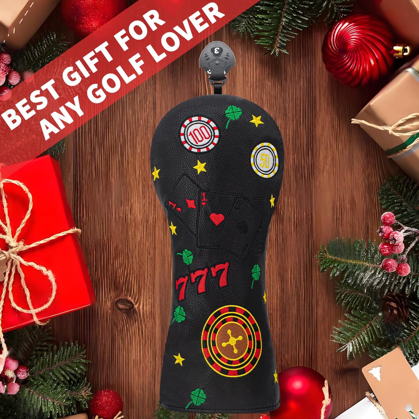 777 Playing Cards Funny Headcover - PU Leather Golf Club Cover with Embroidered Finish, Set Fits Driver Fairway Hybrid Woods (Black-Fairway)