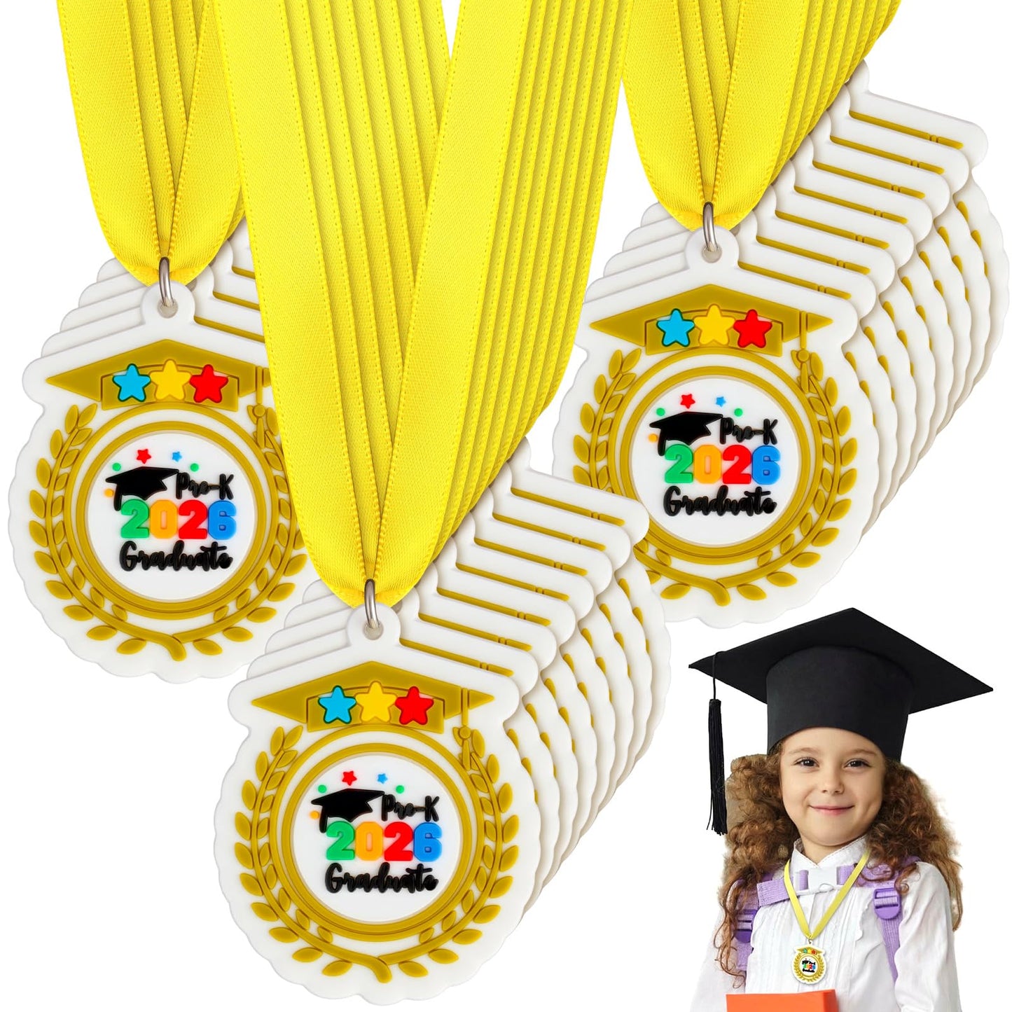 Sratte 24 Pcs Kindergarten Prek Preschool Graduation Medals for Kids, Bulk Kinder Pre-k Graduation Gifts with Yellow Ribbon, End of Year Student Gifts Party Favors Supplies, 2 Inch (2026 Graduate)