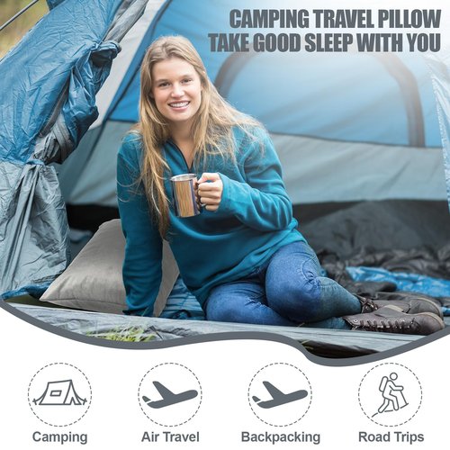 SmoothNovelty 2 Pack Camping Pillow for Sleeping Shredded Memory Foam Travel Pillow with Storage Bag, Compressible Portable Pillow for Outdoor Camp Backpacking Hiking Essential Gear(Grey,Medium)