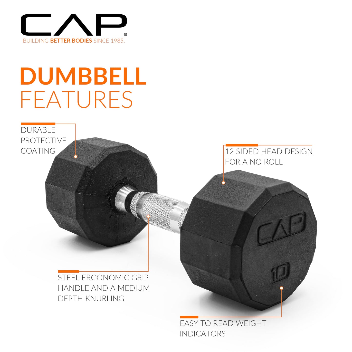 CAP 10 LB 12-Sided Rubber Coated Dumbbell Weight, Rubber Hand Weights for Home Gym Strength Training, Chrome Handle, Pair