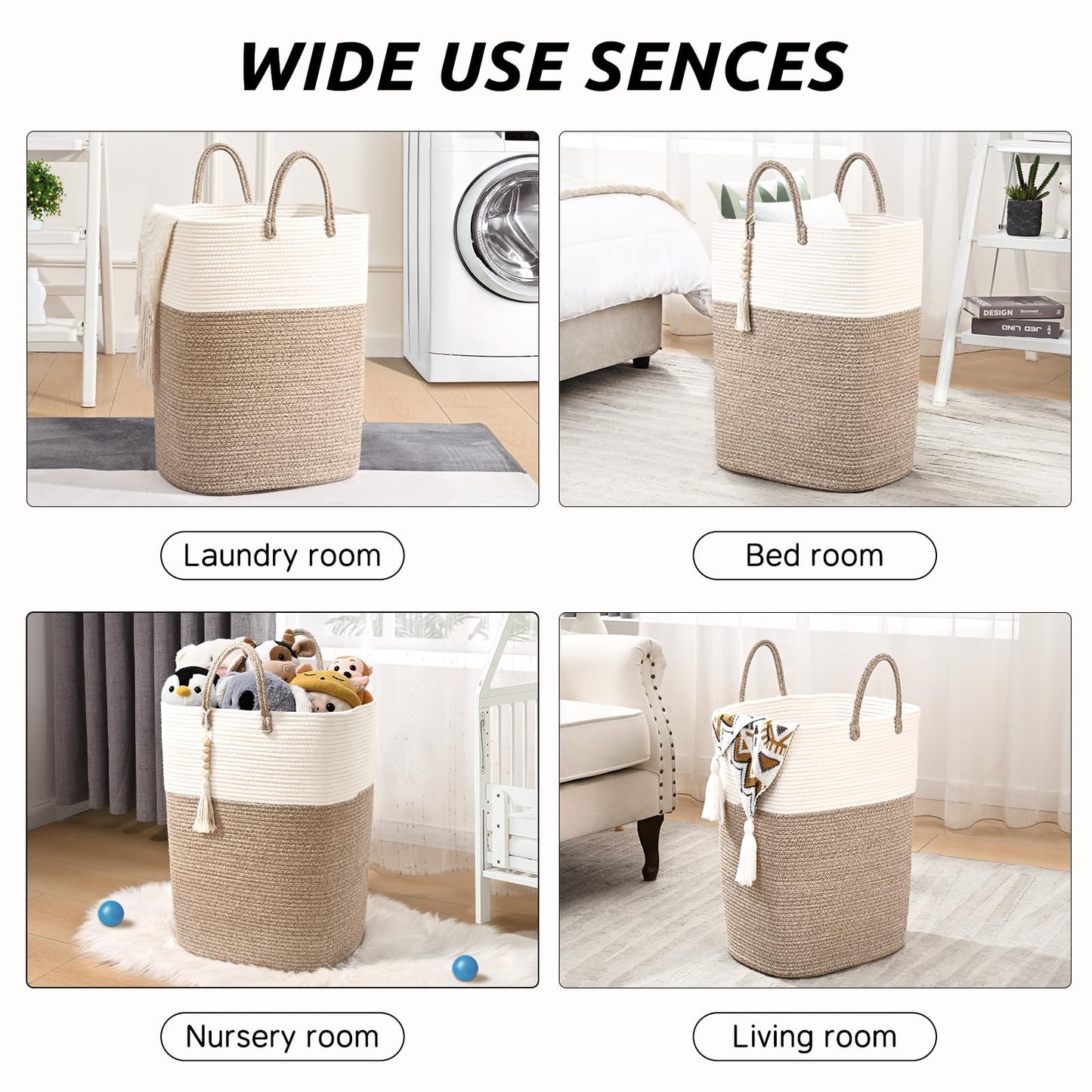 65L Woven Laundry Basket for Clothes, Large Rectangle Laundry Hampers with Beads Tassel, Nursery Storage Basket for Toys, Tall Dirty Clothes Hamper for Bedroom Aesthetic, Laundry Room Organization