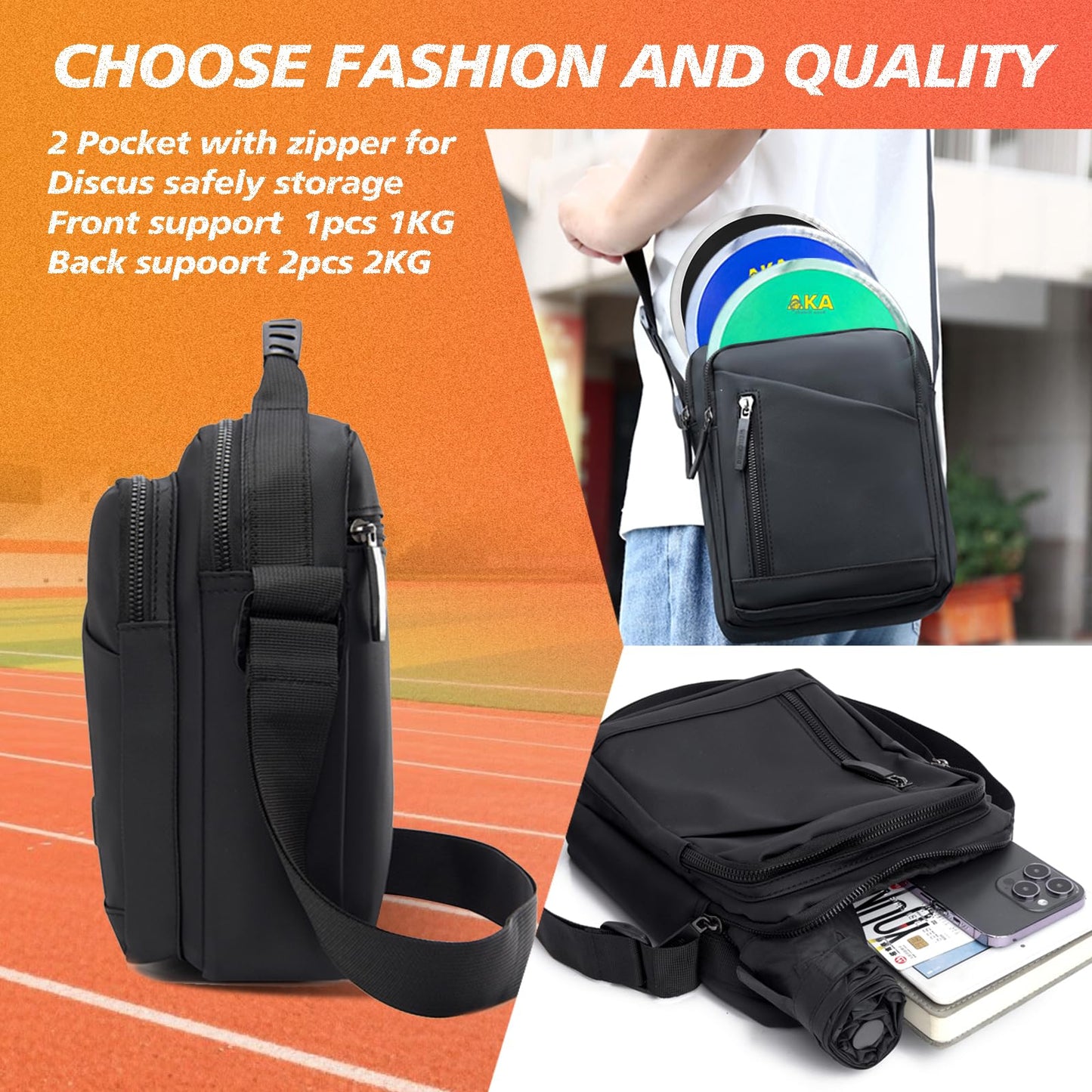 AKABIKE Discus Carrier Bag, Track and Field Discus Bag with Adjustable Strap, 2 Large Pockets, Discus Pouch, Discus Equipment Athletics Accessories (Black)
