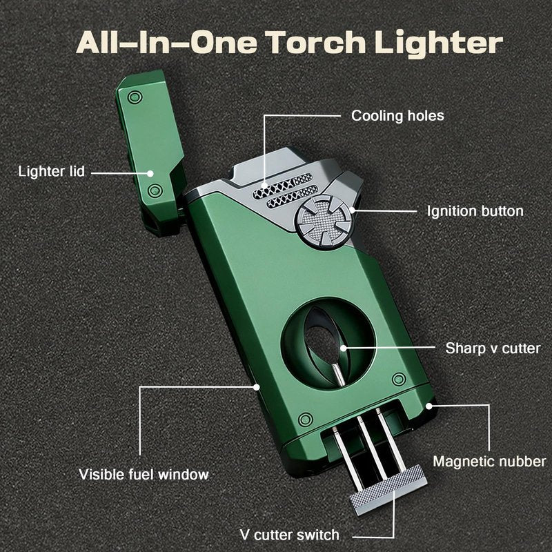 VloEssic 5 in 1 Butane Torch Lighter, 4 Jet Flame, Butane Lighter Refill Built-in V Cutter, Punch, Holder, Nubber, Windproof Jet Lighter for Candles, Cool Lighters Gift for Men (Without Gas) (Green)