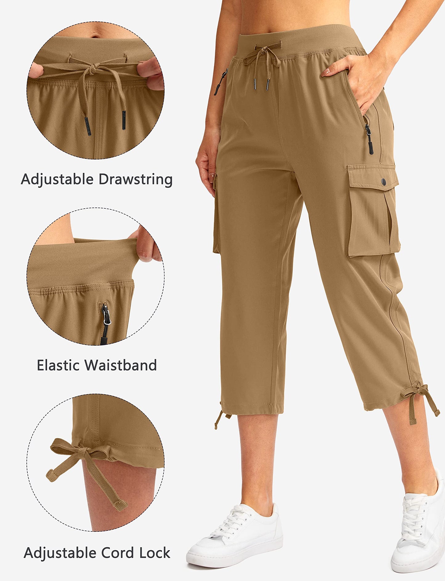 Soothfeel Women's Cargo Capris Pants with 6 Pockets Lightweight Quick Dry Travel Hiking Summer Pants for Women Casual (Dark Khaki, S)