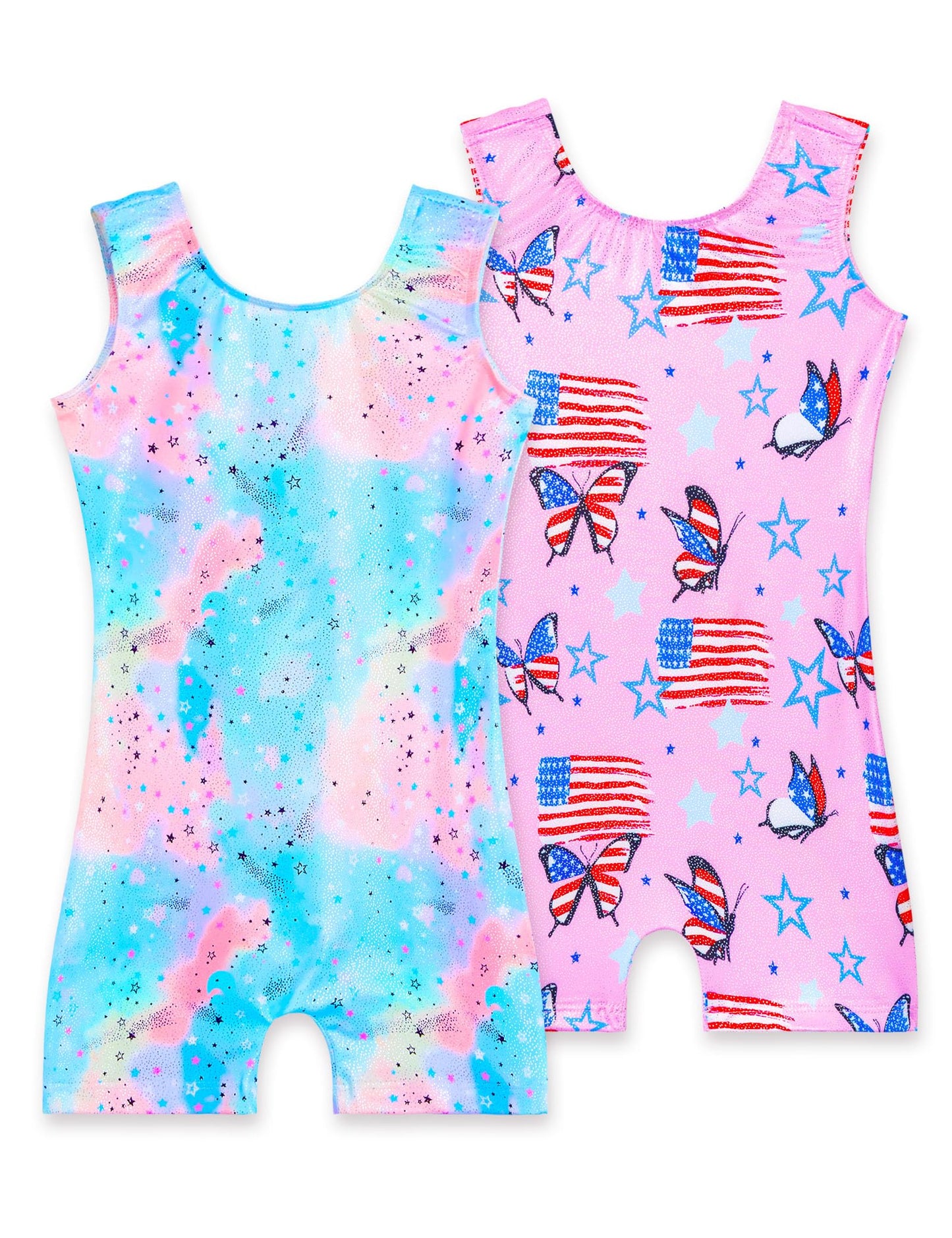 Nokecina 2 Pack Gymnastics Leotards for Girls Size 4t 5t Sleeveless Shiny Tumbling Unitard Pink Blue Biketards with Shorts
