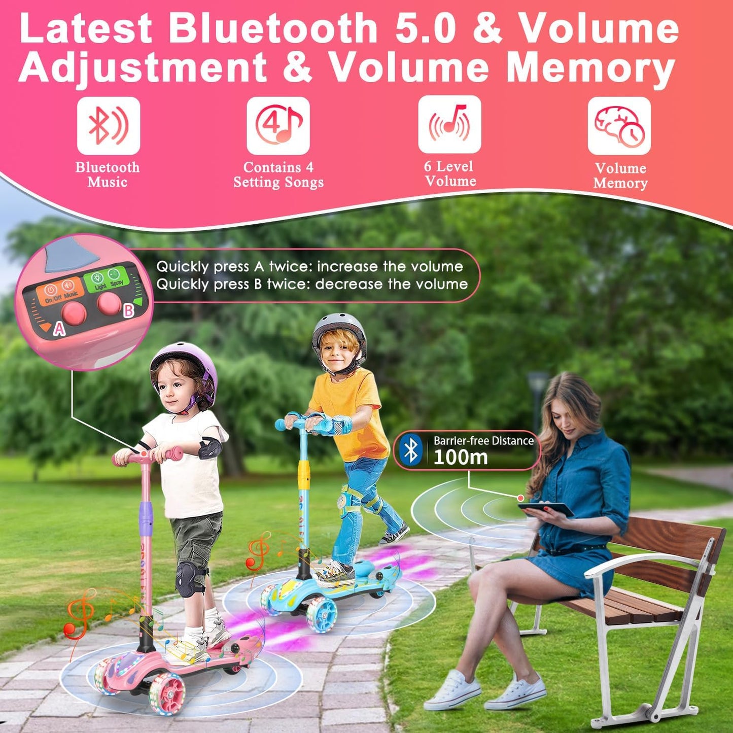 Skiennix 3-Wheel Kids Scooter - Bluetooth Music Speaker & LED Lights | Foldable Aluminum Alloy T-Bar for Ages 3-10