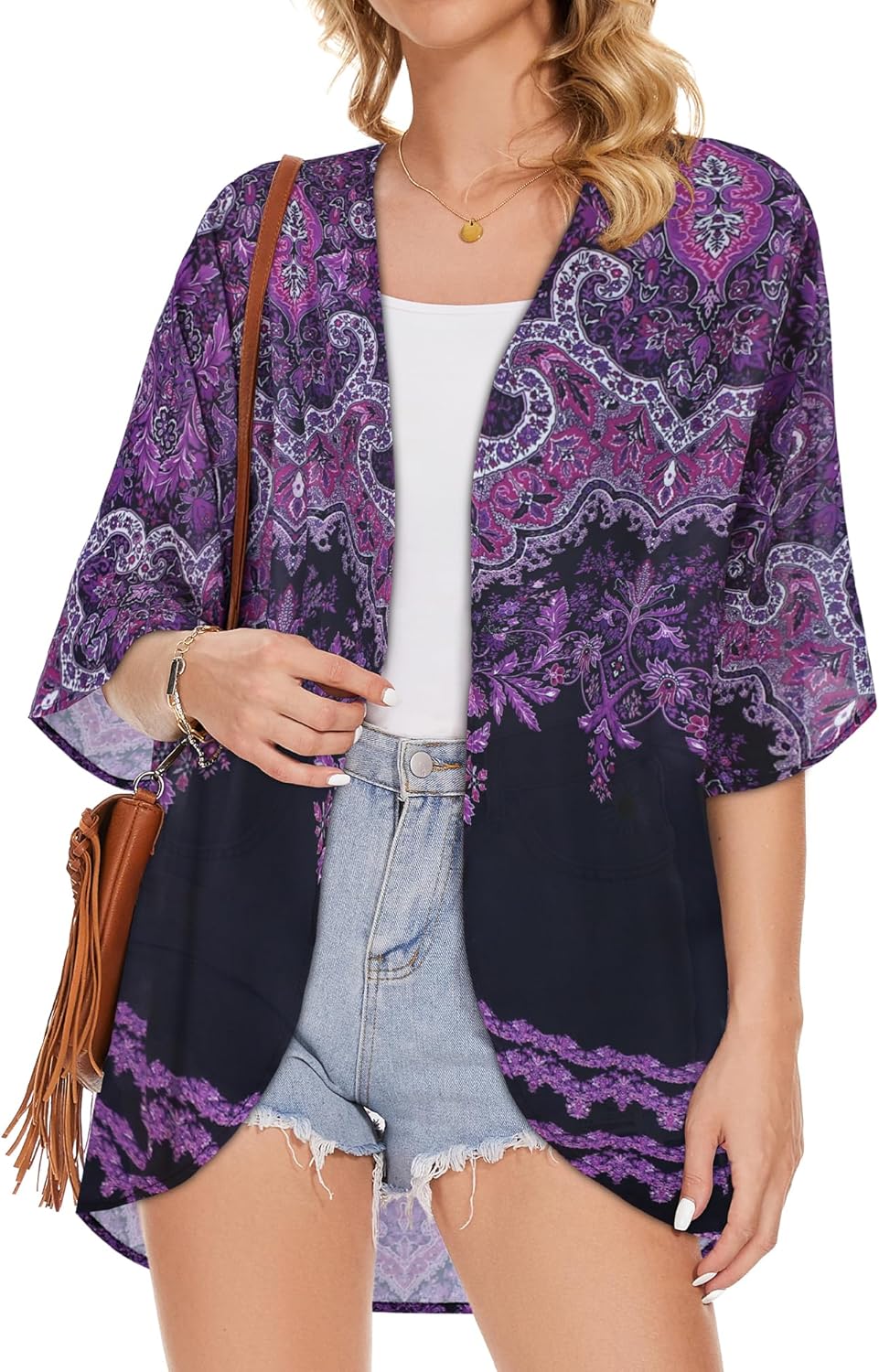Skiennix Women's Floral Print Kimono Cardigan - Casual Puff Sleeve Cover-Up | Stylish Blouse Top