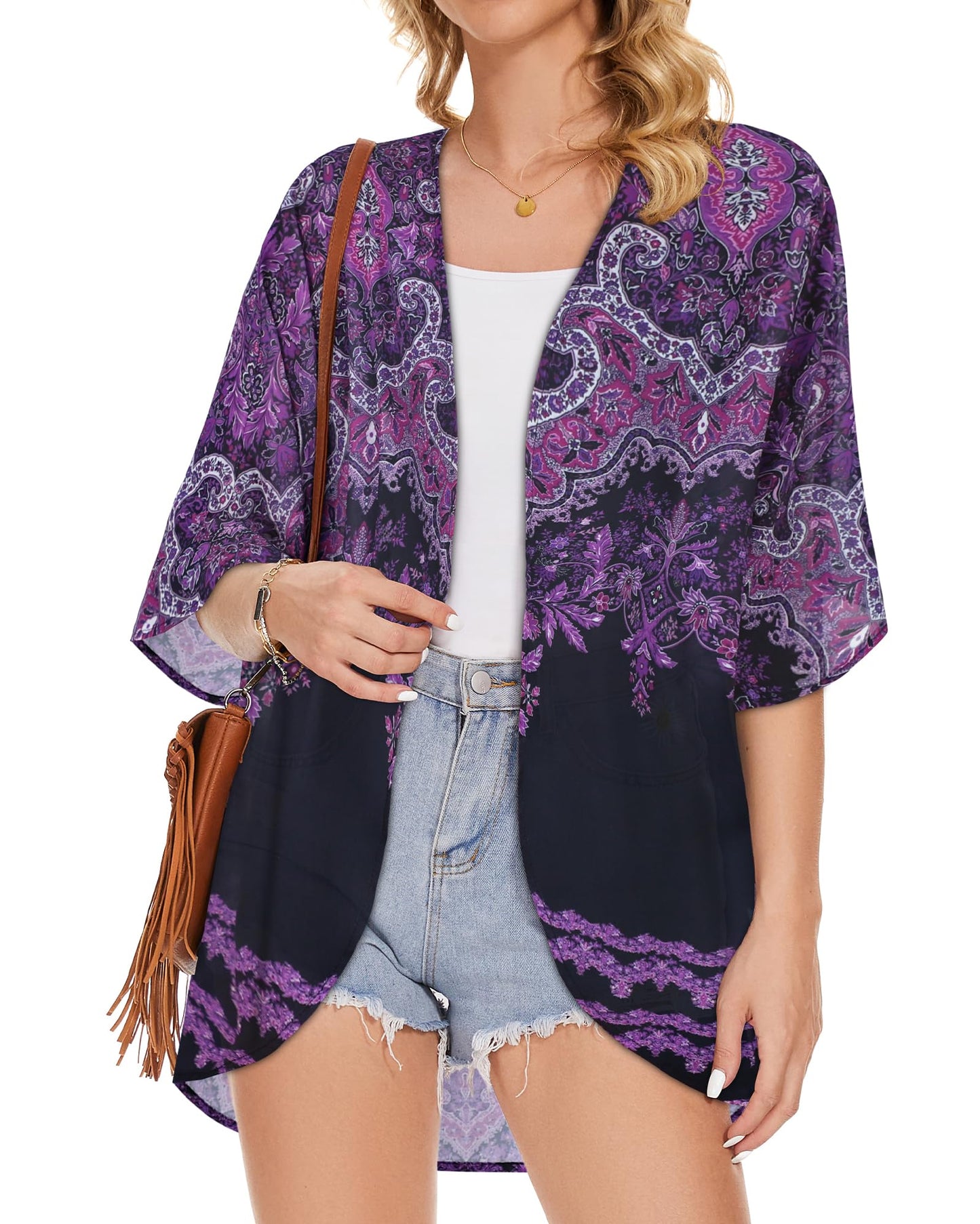 Women's Floral Kimono Cardigan Cover Up Casual Tops,Black Purple Boho,S