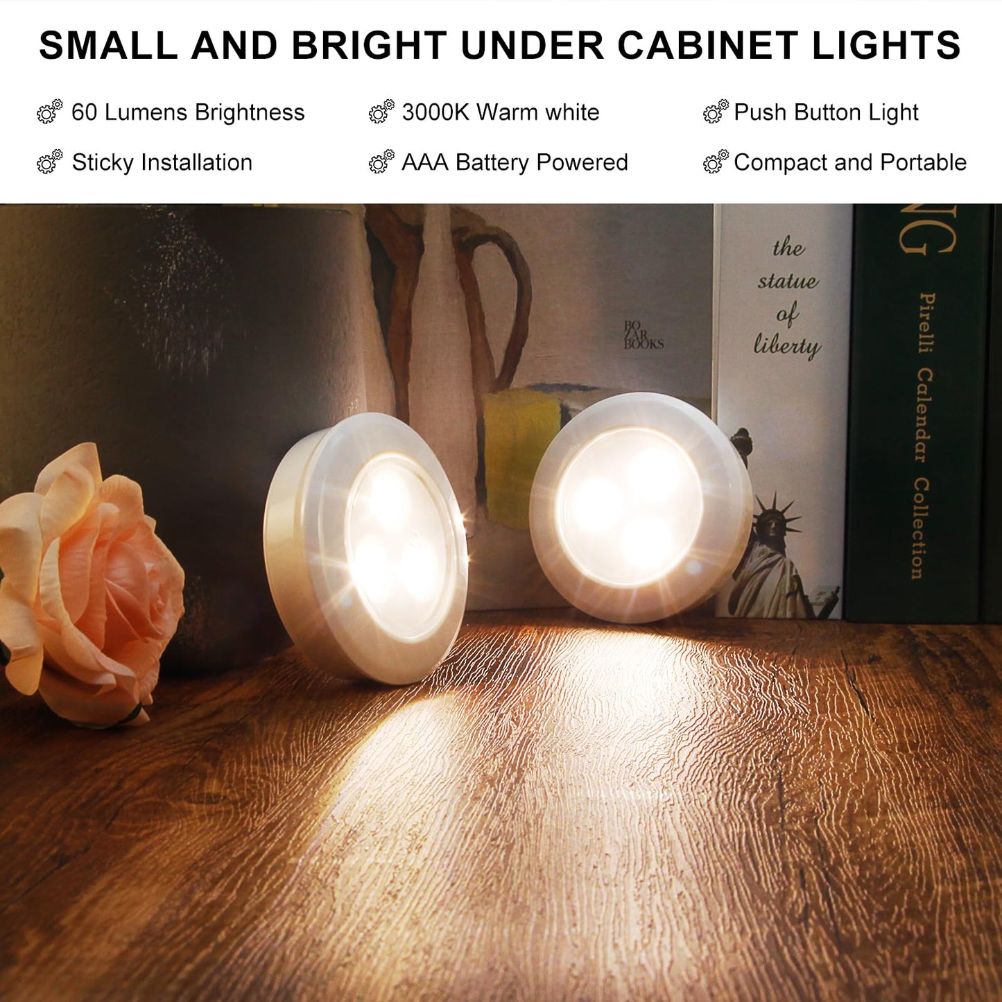 LUXSWAY LED Puck Light, Ultra-Thin Touch Light, Battery Operated, Tap Lights, 60 Lumens, Stick on Lights, Under Cabinet Lighting, Ideal for Kitchen Cabinets, Closets, Garage and More, 3-Pack, White