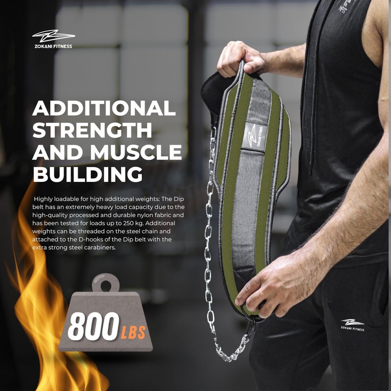 Hold weights up to 800lbs Zokani Dip Belt with Chain for Heavy Weightlifting Exercises ,Squats, deadlifts, pull Up Weight Belt, Dipping Belt, Men and Women Training Strength Dip Weightlifting Belt (Army green)