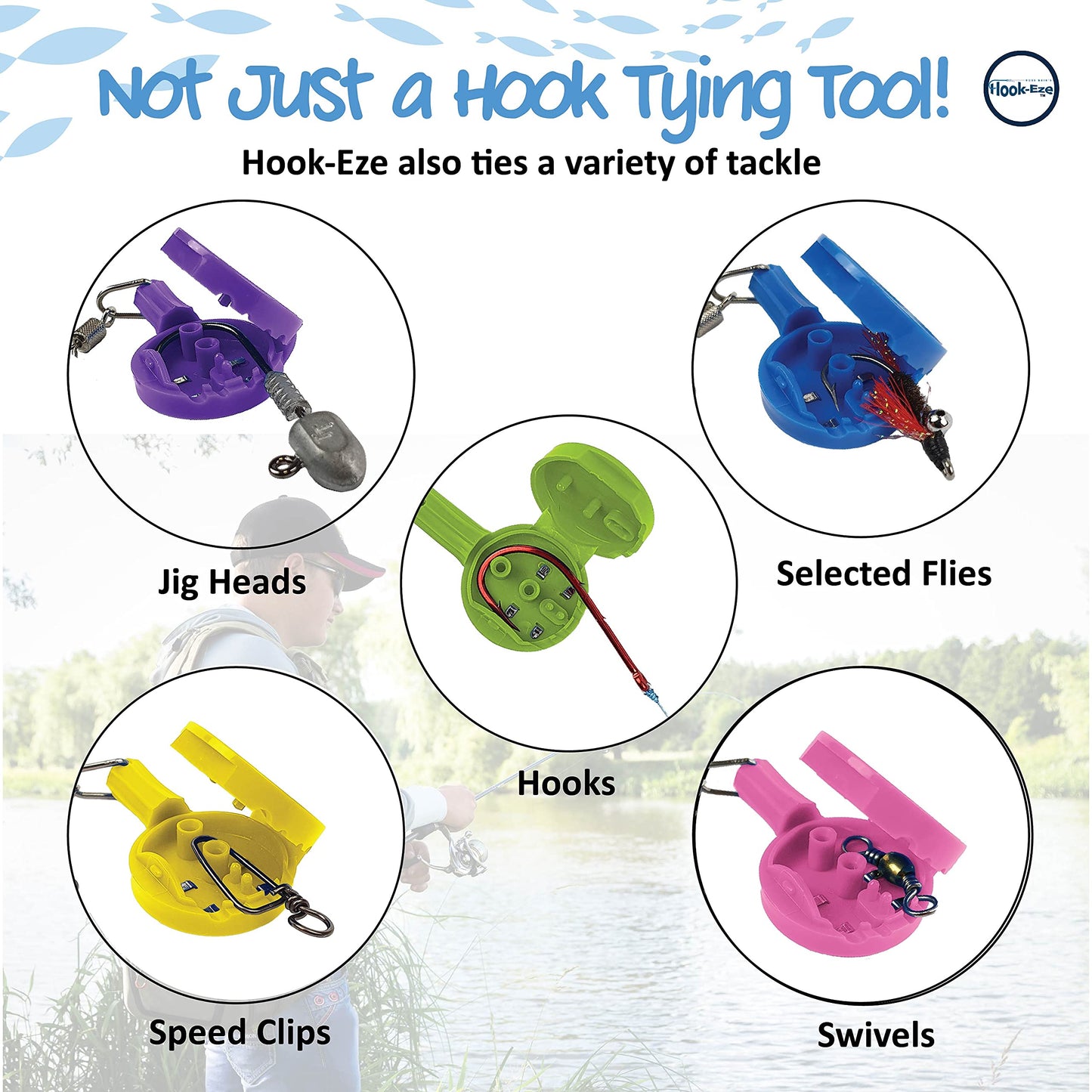 HOOK-EZE Quick Fishing Knot Tying Tool (Pack of 3), Standard Size - Easy Tying Fishing Hooks Cover - Line Cutter - Ideal for Saltwater & Freshwater Fishing - Blue, Green & Yellow