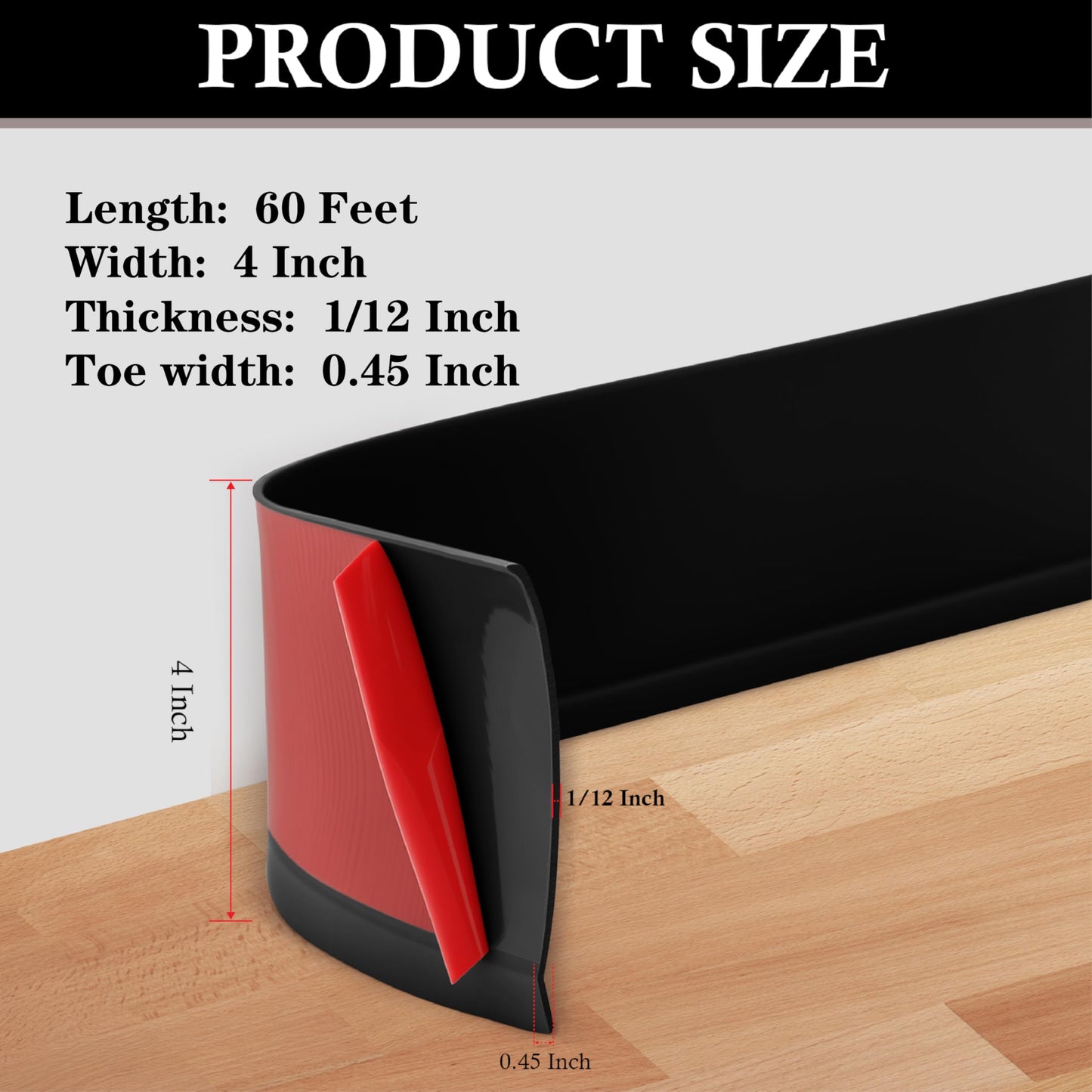 POPAKAN Flexible Baseboard Molding Trim 4" x 60 ft, Self-Adhesive Vinyl Wall Base Cove Base, Peel and Stick Rubber Wall Base Molding Trim - Black