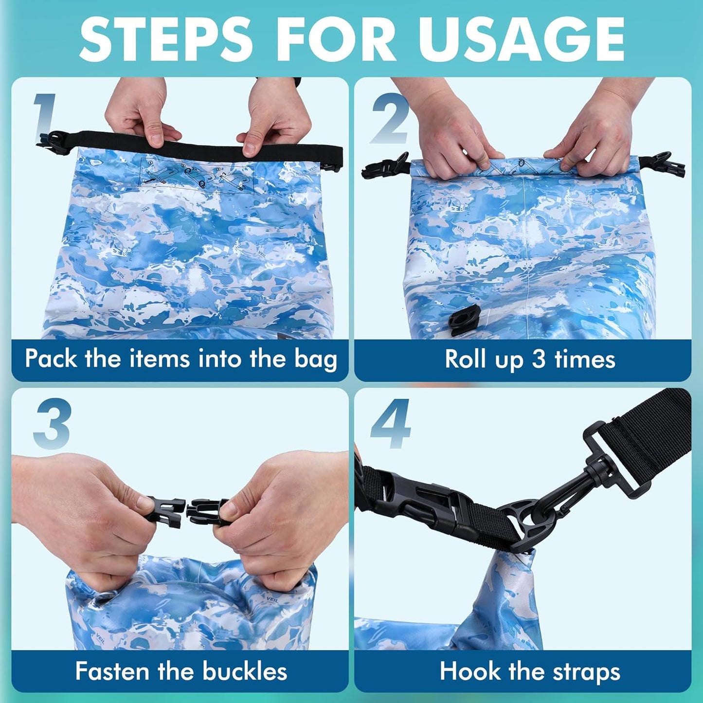 VILLEY Waterproof Dry Bag - 10L Roll Top Backpack for Kayaking, Camping & Beach - Blue Camo