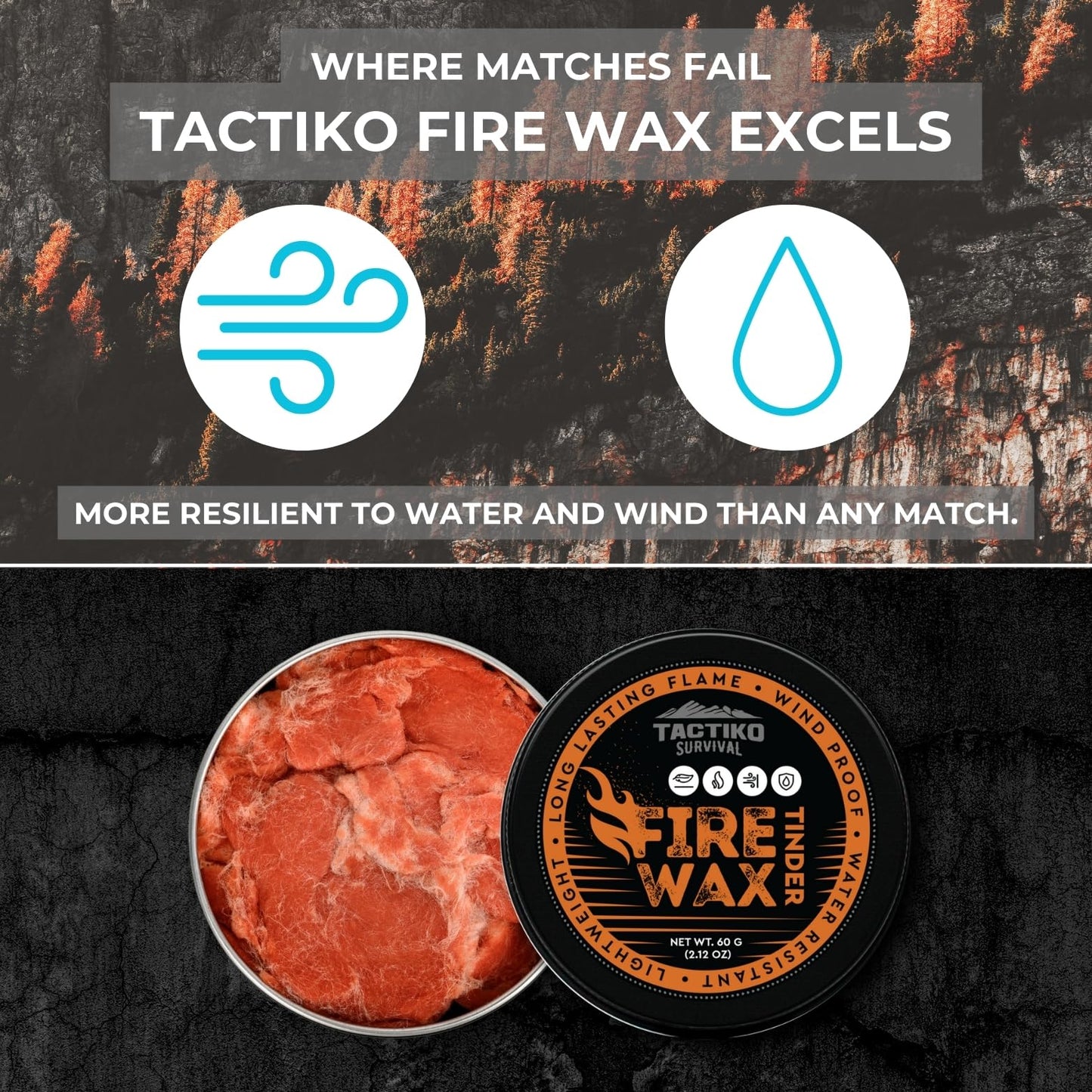 Tactiko Camping Fire Starter – Waterproof Survival Fire Starter for Wet Wood & Emergency Kits – 5 Minute Burn Time, 50 Uses, 60g – Lightweight Campfire Accessory for Hiking & Backpacking (1-Pack)