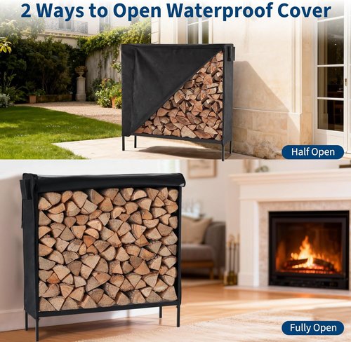 DUMOS Heavy Duty Firewood Storage Rack - 4FT Log Holder with Cover & Zipper for Indoor/Outdoor Use