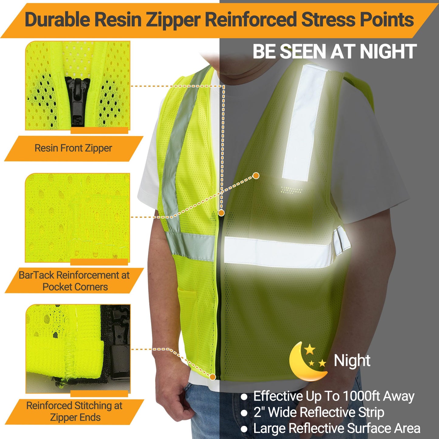 AYKRM 2 Pockets Reflective Safety Vest High Visibility Class II Mesh Vest for Women & Men Meets ANSI Standards