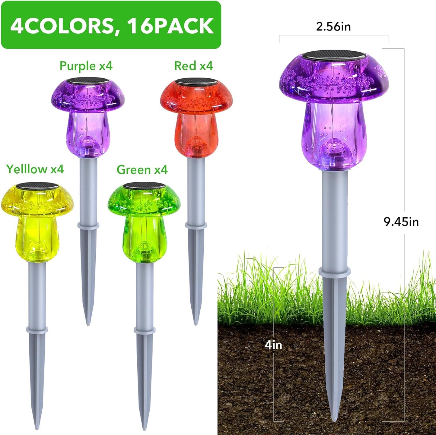 16 Pack Solar Powered Mushroom Lights - Waterproof LED Garden Pathway Lighting for Yard & Landscape Decor (Purple)