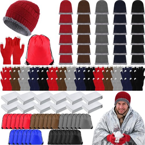 Geyoga 120 Pcs Charity Donation Homeless Care Supplies Bulk Winter Beanie Emergency Blanket Touchscreen Glove Drawstring Bags(Multicolor)