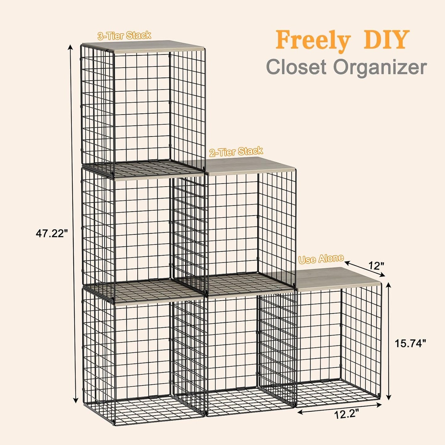 Skiennix Closet Organizer Set - Sturdy Stackable Wire Storage Bins with Wood Top - Black, Set of 3
